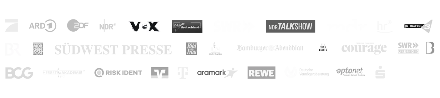 Medien und Partner: ARD, ZDF, NDR, VOX, Hallo Deutschland, NDR Talkshow, Bayern 3, Süddeutsche, Bild der Frau, Hamburger Abendblatt, Courage, SWR, BCG, Telekom, REWE u.v.m.